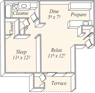 Floor plan for 1 bed, 1 bath, 688 sqft